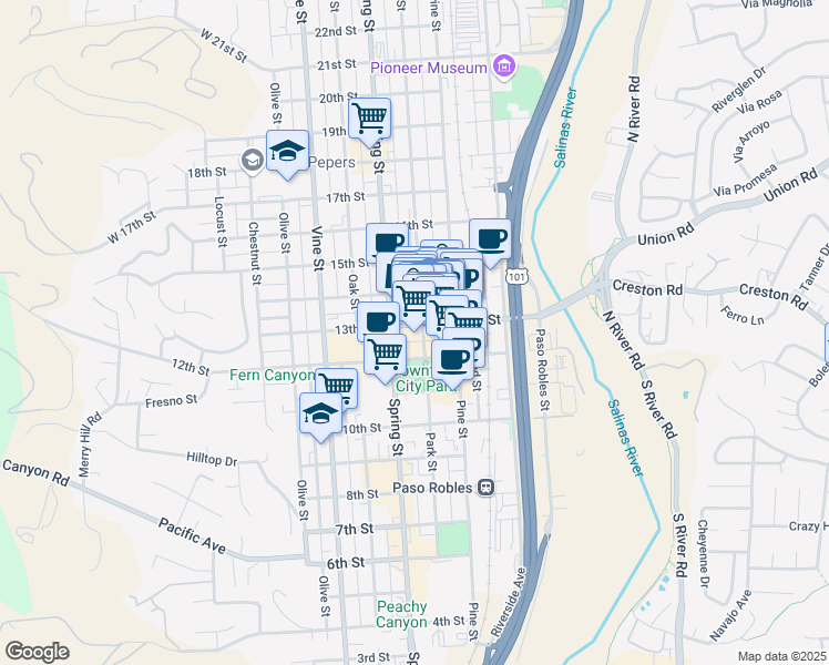 map of restaurants, bars, coffee shops, grocery stores, and more near 1245 Park Street in Paso Robles