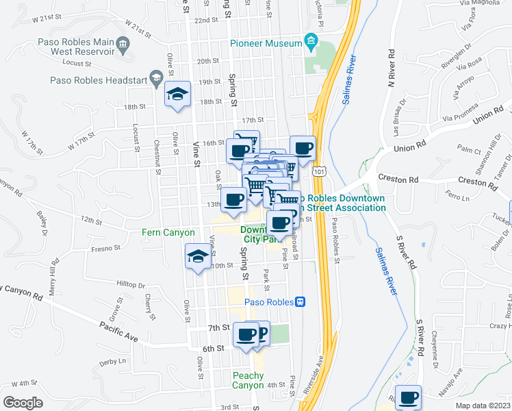 map of restaurants, bars, coffee shops, grocery stores, and more near 1245 Park Street in Paso Robles