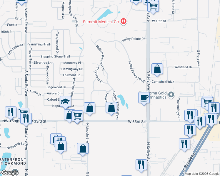 map of restaurants, bars, coffee shops, grocery stores, and more near 2733 Hidden Prairie Way in Edmond