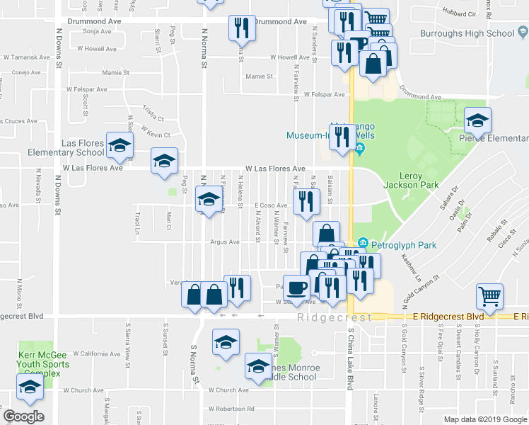 map of restaurants, bars, coffee shops, grocery stores, and more near 400 North Alvord Street in Ridgecrest