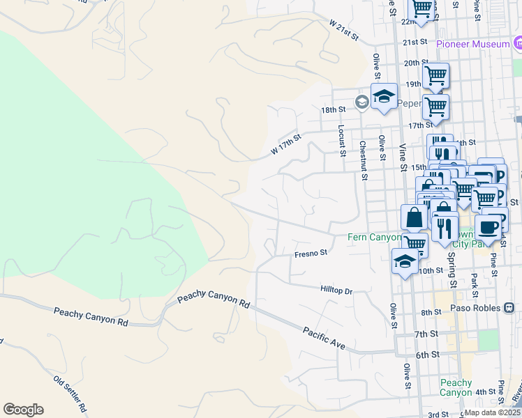 map of restaurants, bars, coffee shops, grocery stores, and more near 75 12th Street in Paso Robles