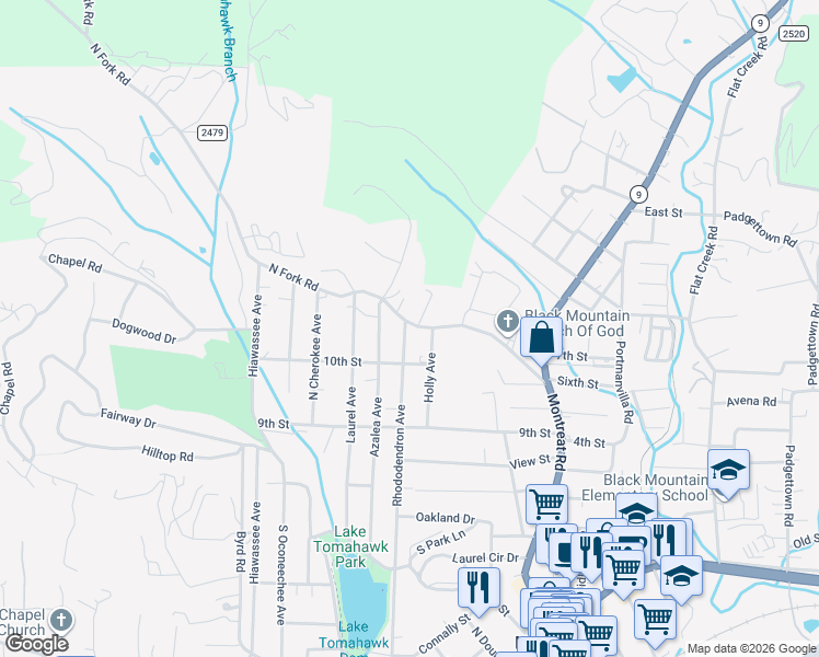 map of restaurants, bars, coffee shops, grocery stores, and more near 819 Rhododendron Avenue in Black Mountain