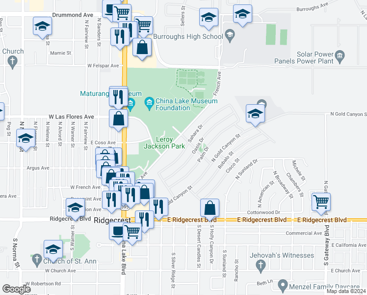 map of restaurants, bars, coffee shops, grocery stores, and more near 325 Sahara Drive in Ridgecrest