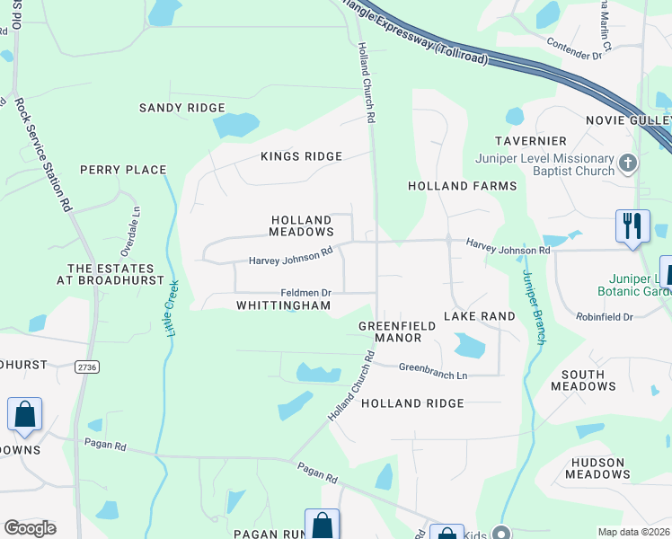 map of restaurants, bars, coffee shops, grocery stores, and more near 5605 Cardinal Landing Drive in Raleigh