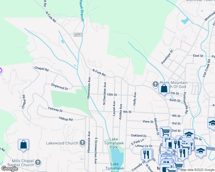 map of restaurants, bars, coffee shops, grocery stores, and more near 812 North Cherokee Avenue in Black Mountain
