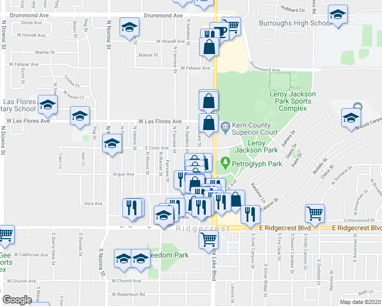 map of restaurants, bars, coffee shops, grocery stores, and more near 336 North Sanders Street in Ridgecrest