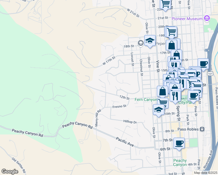map of restaurants, bars, coffee shops, grocery stores, and more near 1401 Greenwood Drive in Paso Robles