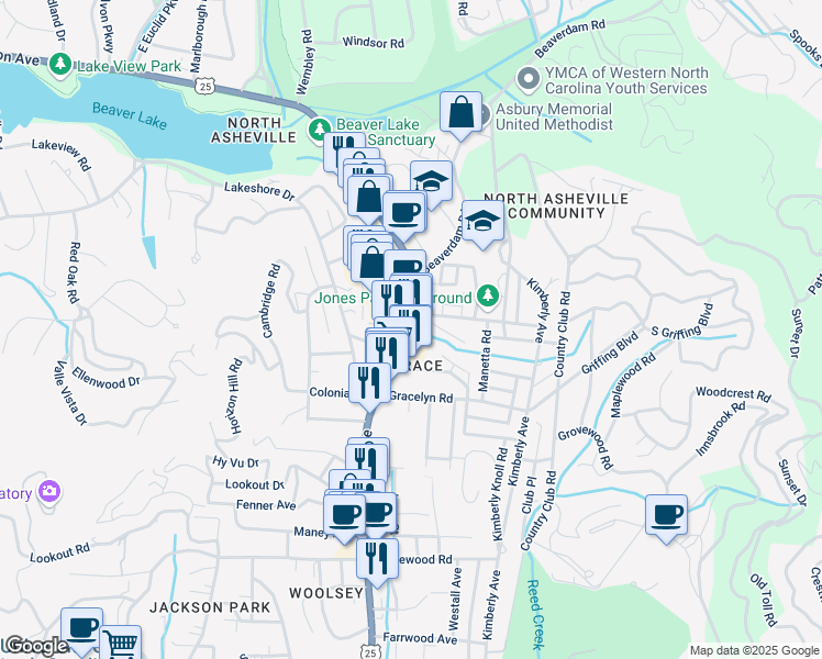 map of restaurants, bars, coffee shops, grocery stores, and more near in Asheville