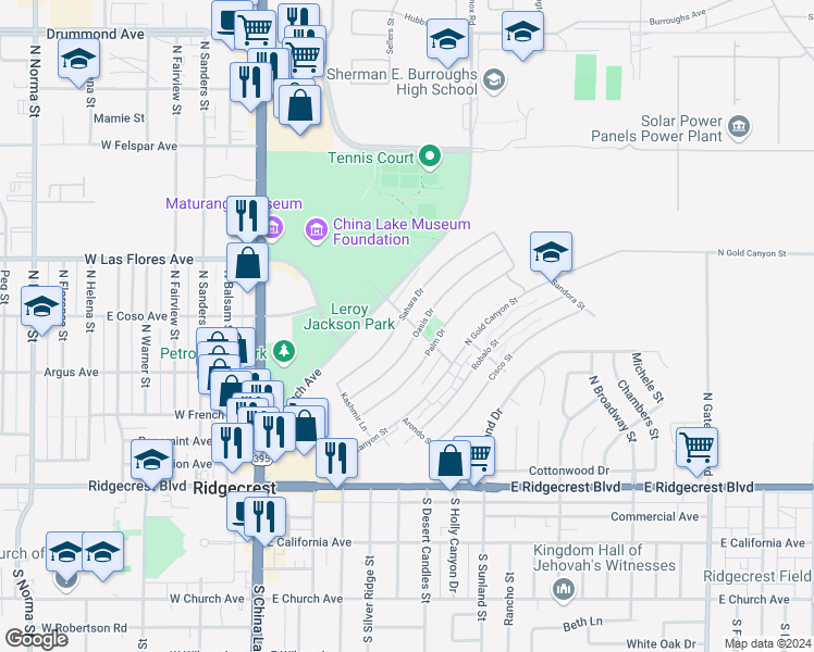 map of restaurants, bars, coffee shops, grocery stores, and more near 213 La Mirage Lane in Ridgecrest