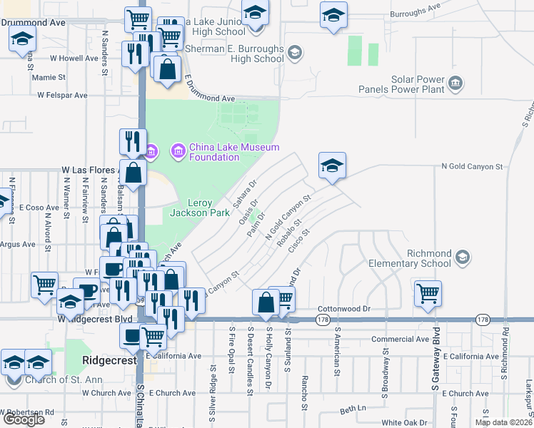 map of restaurants, bars, coffee shops, grocery stores, and more near 412 Oasis Drive in Ridgecrest