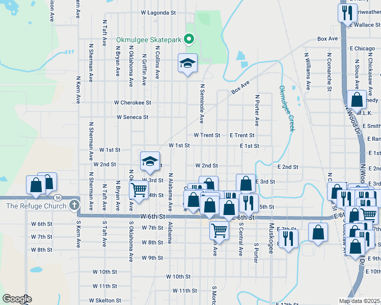 map of restaurants, bars, coffee shops, grocery stores, and more near 533 North Okmulgee Avenue in Okmulgee