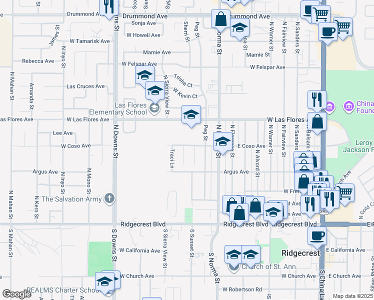 map of restaurants, bars, coffee shops, grocery stores, and more near 337 Mari Court in Ridgecrest