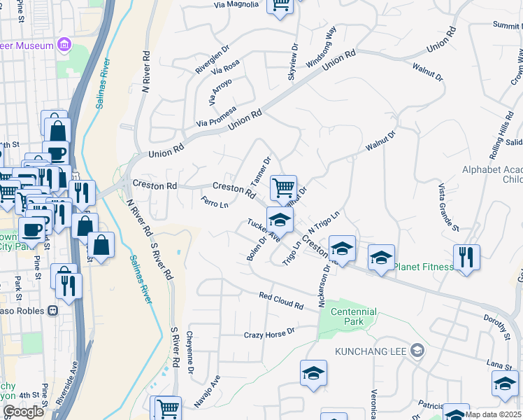 map of restaurants, bars, coffee shops, grocery stores, and more near 624 Creston Road in Paso Robles