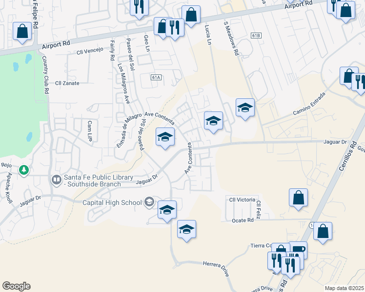 map of restaurants, bars, coffee shops, grocery stores, and more near 6009 Jaguar Drive in Santa Fe