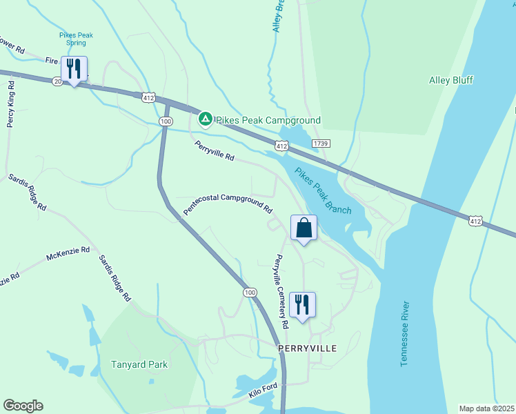 map of restaurants, bars, coffee shops, grocery stores, and more near 272 Pentecostal Campground Road in Parsons