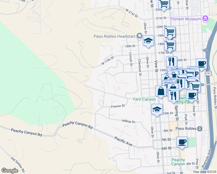 map of restaurants, bars, coffee shops, grocery stores, and more near 1401 Greenwood Drive in Paso Robles