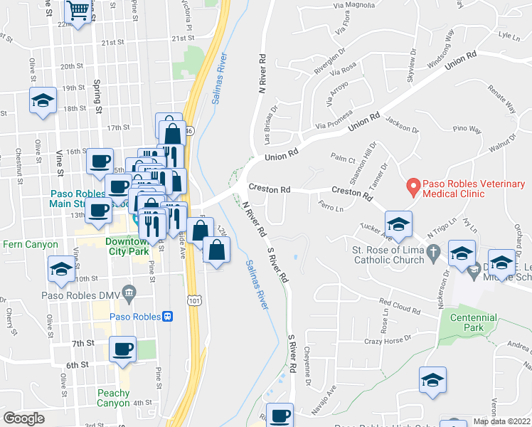 map of restaurants, bars, coffee shops, grocery stores, and more near 132 Capitol Hill Drive in Paso Robles