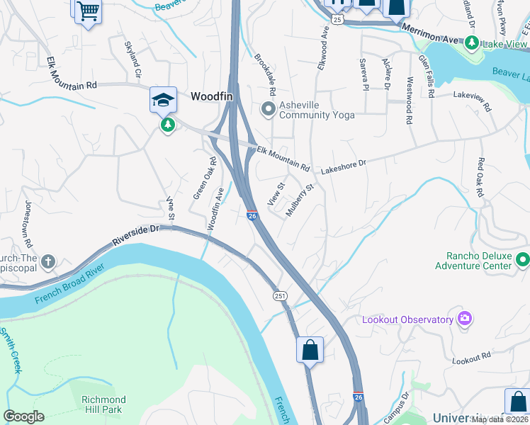map of restaurants, bars, coffee shops, grocery stores, and more near 36 Mulberry Street in Woodfin