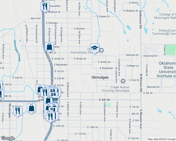 map of restaurants, bars, coffee shops, grocery stores, and more near 1309 North Ohio Avenue in Okmulgee