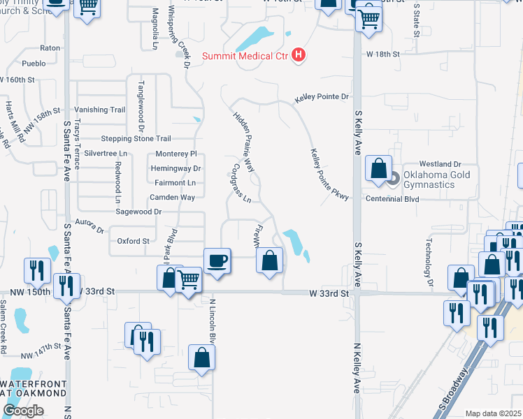 map of restaurants, bars, coffee shops, grocery stores, and more near 2733 Hidden Prairie Way in Edmond