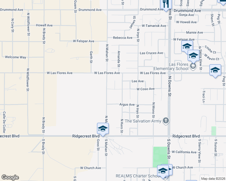 map of restaurants, bars, coffee shops, grocery stores, and more near 1225 West Coso Avenue in Ridgecrest
