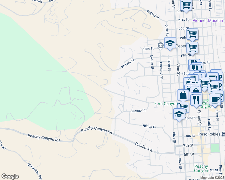map of restaurants, bars, coffee shops, grocery stores, and more near 75 12th Street in Paso Robles