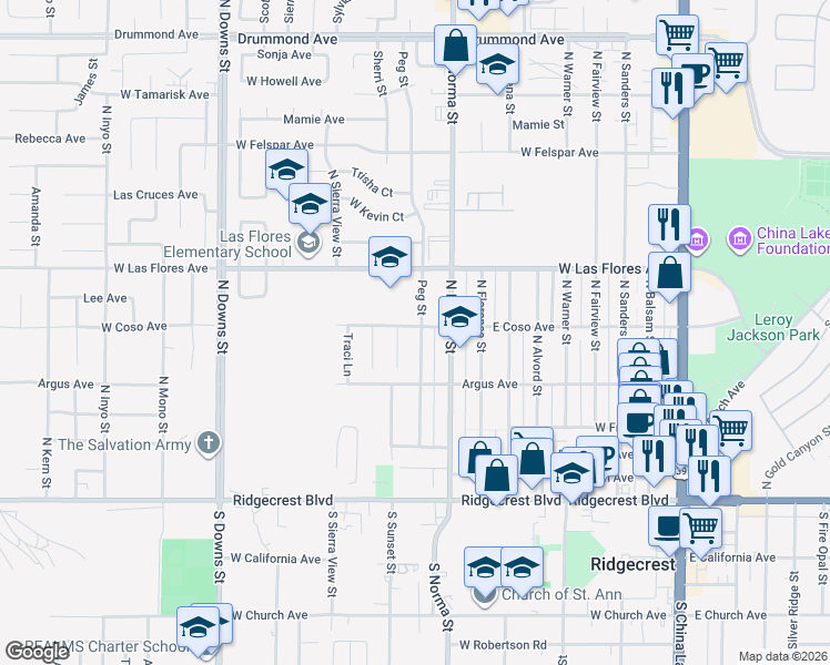 map of restaurants, bars, coffee shops, grocery stores, and more near 404 Peg Street in Ridgecrest