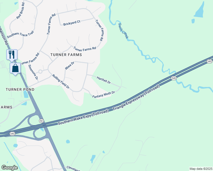 map of restaurants, bars, coffee shops, grocery stores, and more near 5225 Hartfelt Drive in Garner