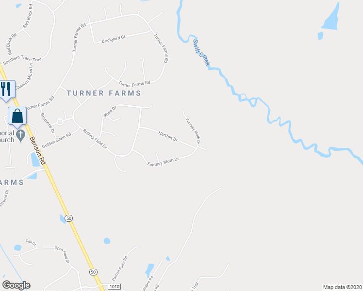 map of restaurants, bars, coffee shops, grocery stores, and more near 5237 Hartfelt Drive in Garner