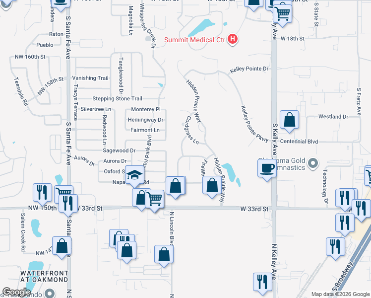 map of restaurants, bars, coffee shops, grocery stores, and more near 2724 Sunflower Drive in Edmond