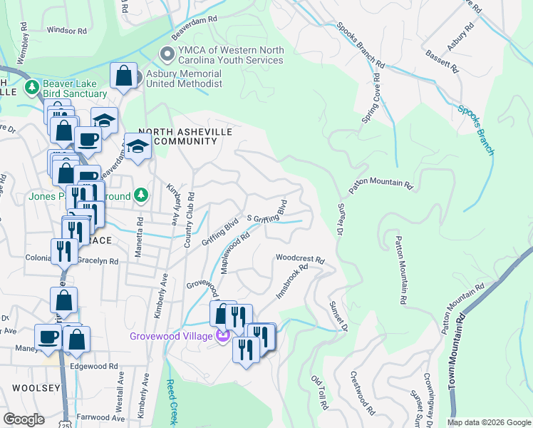 map of restaurants, bars, coffee shops, grocery stores, and more near 48 South Griffing Boulevard in Asheville