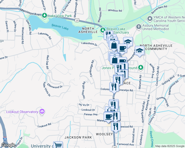 map of restaurants, bars, coffee shops, grocery stores, and more near 128 Cambridge Road in Asheville