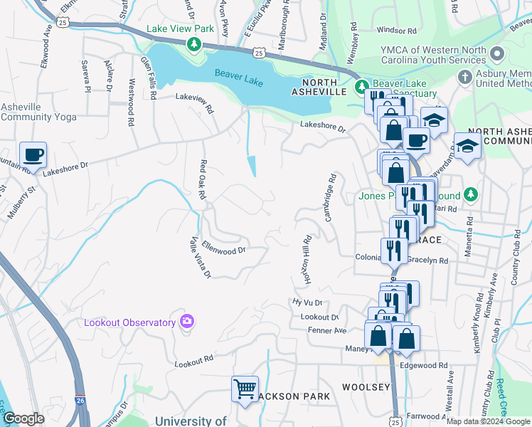 map of restaurants, bars, coffee shops, grocery stores, and more near 4 Greenleaf Circle Extension in Asheville