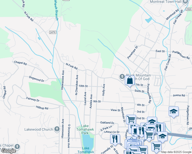 map of restaurants, bars, coffee shops, grocery stores, and more near 819 Rhododendron Avenue in Black Mountain
