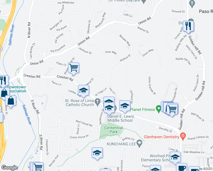 map of restaurants, bars, coffee shops, grocery stores, and more near 735 North Trigo Lane in Paso Robles