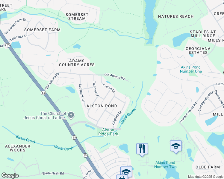 map of restaurants, bars, coffee shops, grocery stores, and more near 2640 Averon Drive in Holly Springs