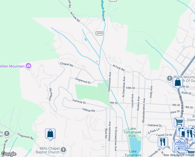 map of restaurants, bars, coffee shops, grocery stores, and more near 1 Ross Drive in Black Mountain