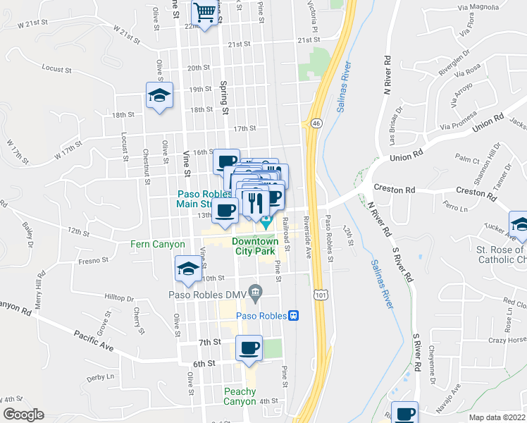 map of restaurants, bars, coffee shops, grocery stores, and more near 13th Street in Paso Robles