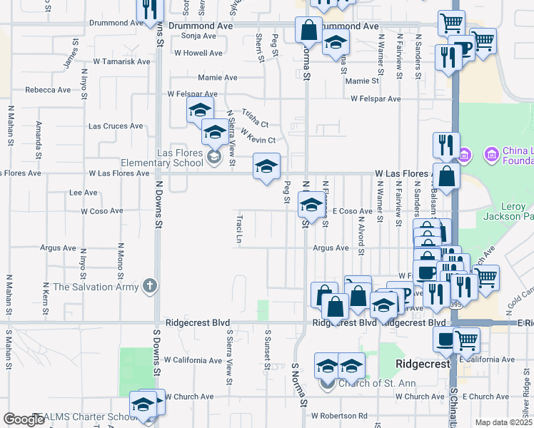 map of restaurants, bars, coffee shops, grocery stores, and more near 337 Mari Court in Ridgecrest