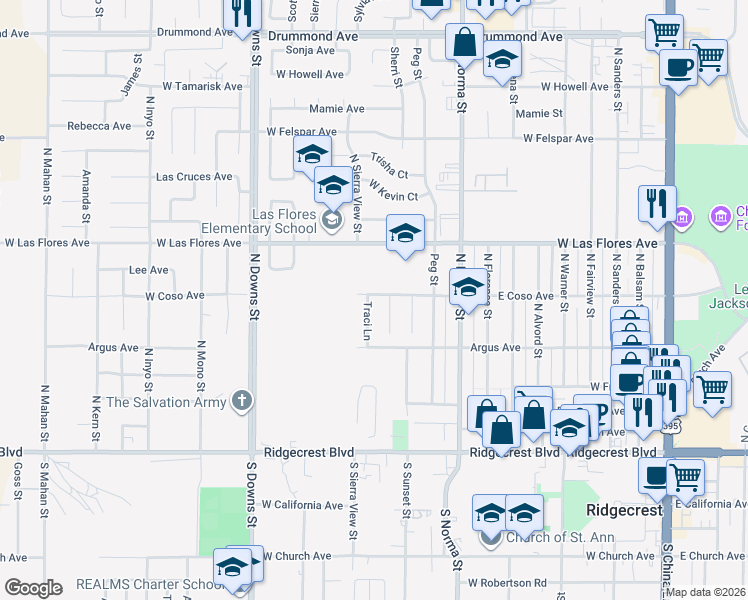 map of restaurants, bars, coffee shops, grocery stores, and more near 336 Traci Lane in Ridgecrest