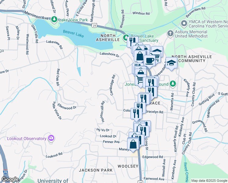 map of restaurants, bars, coffee shops, grocery stores, and more near 128 Cambridge Road in Asheville