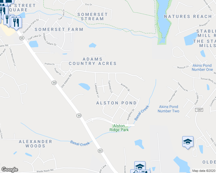 map of restaurants, bars, coffee shops, grocery stores, and more near 2621 Tummel Lane in Holly Springs