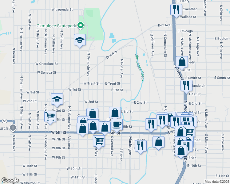 map of restaurants, bars, coffee shops, grocery stores, and more near 521 North Central Avenue in Okmulgee