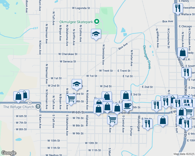 map of restaurants, bars, coffee shops, grocery stores, and more near 533 North Okmulgee Avenue in Okmulgee