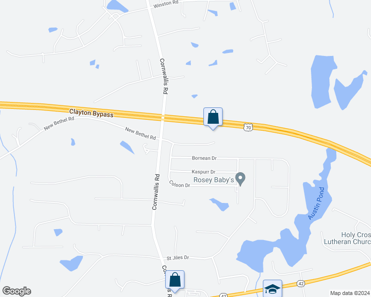 map of restaurants, bars, coffee shops, grocery stores, and more near 96 Kyndallee Lane in Garner