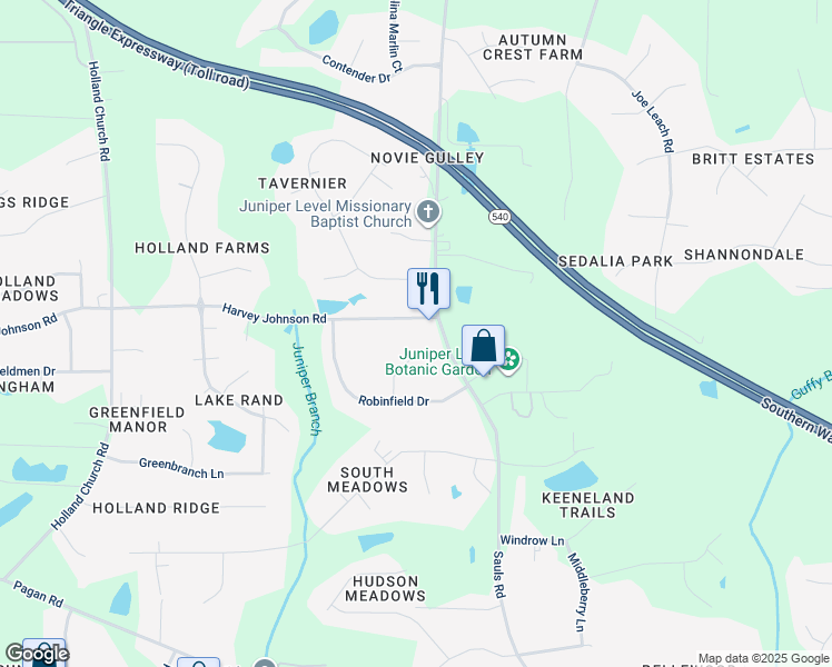 map of restaurants, bars, coffee shops, grocery stores, and more near 1005 Harvey Johnson Road in Raleigh