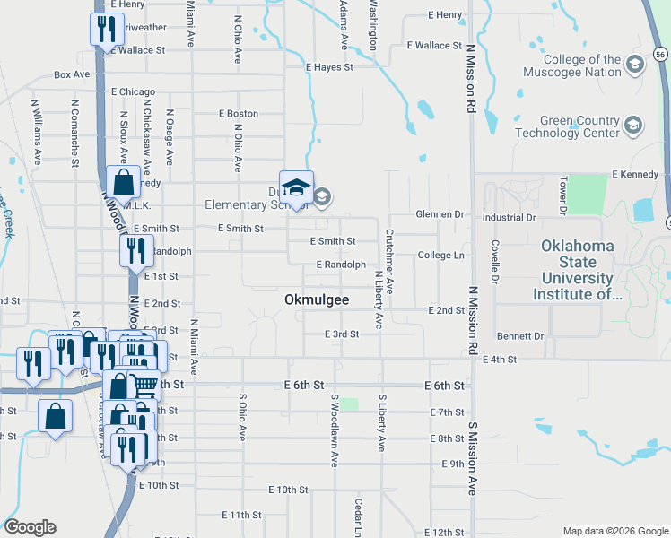 map of restaurants, bars, coffee shops, grocery stores, and more near 1438 East Randolph in Okmulgee