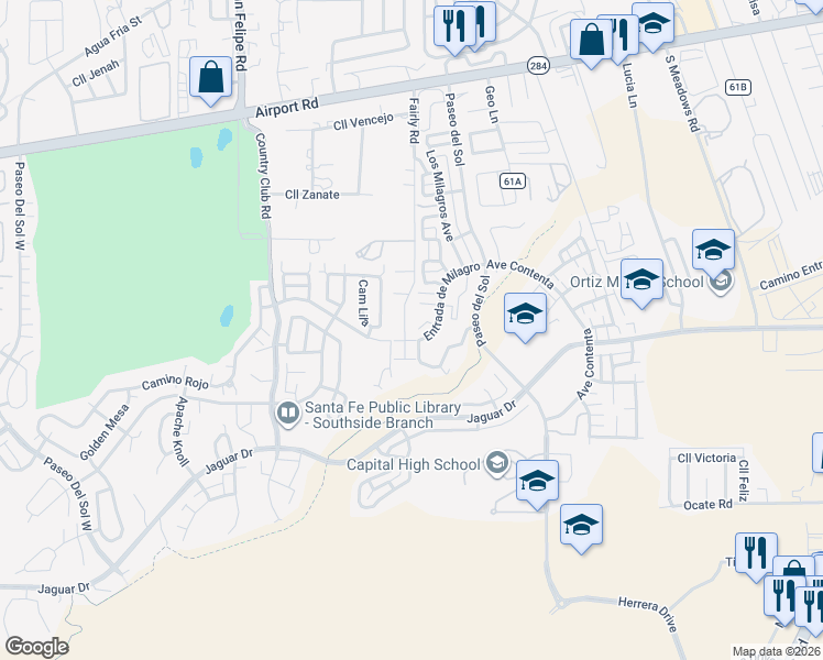 map of restaurants, bars, coffee shops, grocery stores, and more near 6381 Entrada de Milagro in Santa Fe