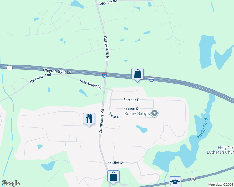map of restaurants, bars, coffee shops, grocery stores, and more near 128 Kyndallee Lane in Clayton