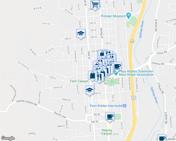 map of restaurants, bars, coffee shops, grocery stores, and more near 1315 Vine Street in Paso Robles